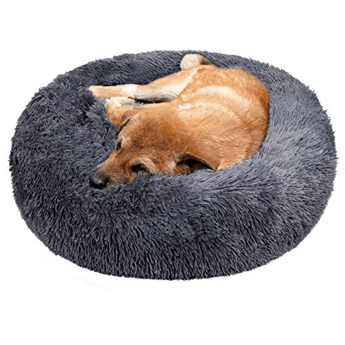 TAMOWA Cama Perro Suave Cama Gato Redonda, Camas de Gatos Perros de Donut con Parte Inferior Antideslizante, Cómodo Suave y Cálida Cama para Mascotas Gatos y Perros Pequeños, 80cm, Gris Oscuro