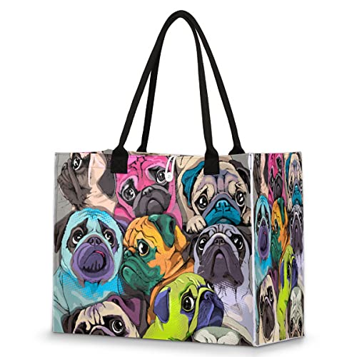 cfpolar Bolsa de playa para mujeres y niñas, perros carlino de colores, bolsa de playa grande, a prueba de arena, bolsa de hombro reutilizable, bolsa de compras con asa, Con color