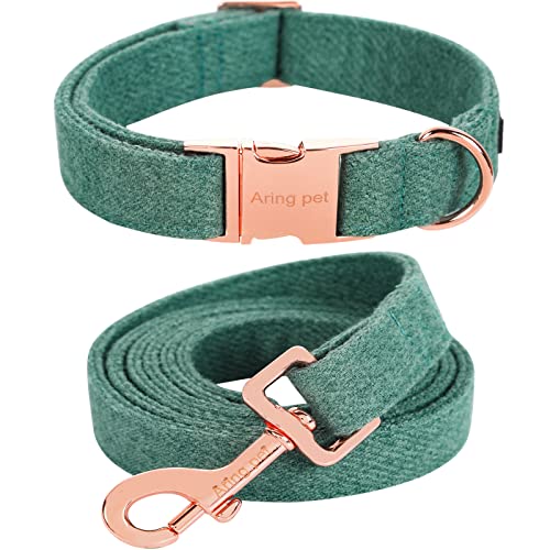 ARING PET Collar de perro y correa de algodón, juego de collar de perro verde cómodo, collar de perro y correa con hebilla de metal para perros pequeños, medianos y grandes