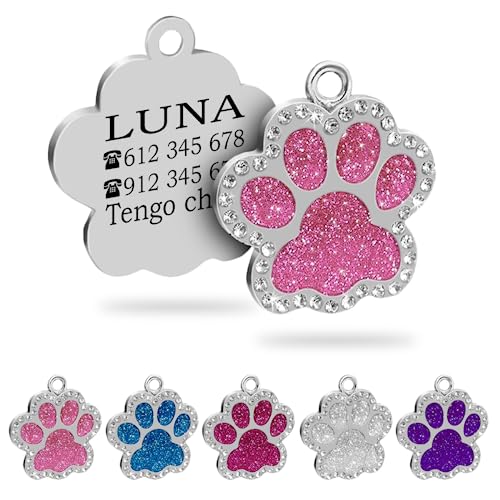 Ibera gifts - Chapa identificación para Perros y Gatos pequeños a medianas Forma de Pata - Placa Identificativa personalizada colgante medalla chapita correa (Rosa)