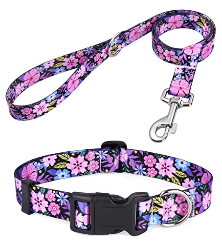 Mihqy Juego de collar y correa para perro con patrones geométricos tribales bohemios, collar de estilo étnico suave ajustable para perros pequeños, medianos y grandes (juego floral rosa, L)