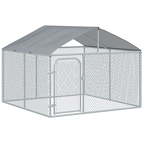 PawHut Perrera de Exterior con Toldo 230x230x175 cm Jaula para Perros Mascotas de Acero Galvanizado con Cerradura para Jardín Patio Plata