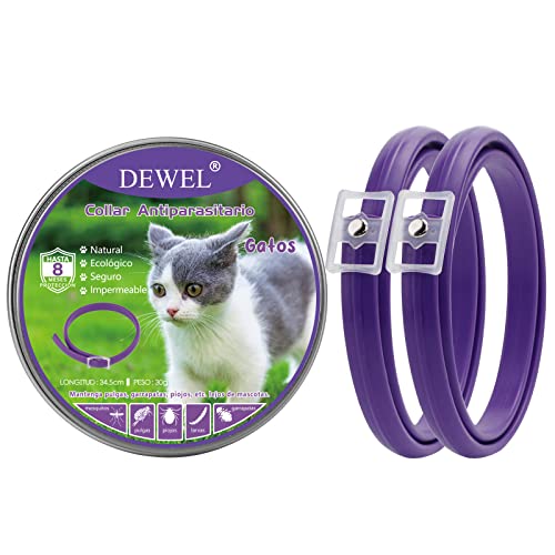 Set de 2 Collar Antipulgas Gatos DEWEL, Protección Efectiva de 8 Meses, Collar contra Pulgas Garrapatas y Mosquitos, Natural y Seguro para Gatos y Perros Pequeños, 34.5 cm Morado