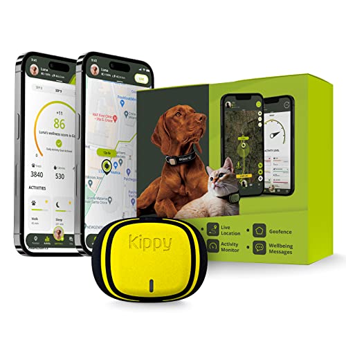 KIPPY - Collar GPS para Perros y Gatos EVO - Rastreador de Actividad y Salud - Collar GPS Perro y Gato con Alerta Instantánea - GPS para Mascotas con Creación de Vallas Virtuales - Amarillo