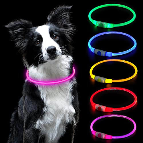 AUAUY Collar Luminoso Perro, Collar LED Perro Recargable por USB Tamaño Ajustable, Collar Luminoso Perro Impermeable Collar de Seguridad Reutilizable para Perros Pequeños Medianos Y Grandes (Rosa)