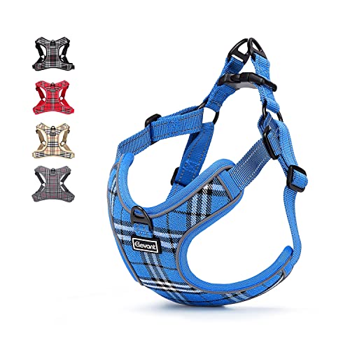 Elevant Arnés Perro Ajustable Reflectante, Arnés Antitirones Suave Acolchado Cómodo Transpirable Arnés Chaleco para Cachorros Perros Pequeños Mediano Grande (Pecho 46-52cm, Azul Cuadros)