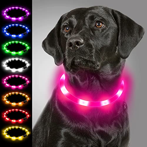 Joytale Collar Luminoso Perro, Collar para Mascotas LED Ajustables con Luz, Collares Recargable USB para Perros Pequeños, Medianos y Grandes, Rosa