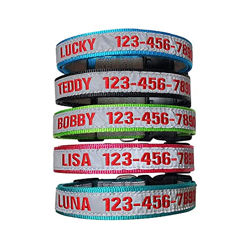 Collar de Perro Reflectante Personalizado, Nombre de Perro Bordado Personalizado Número de teléfono con Collar de 5 Colores 3 tamaños Ajustables: S- M- L, para Perros pequeños, Grandes y medianos