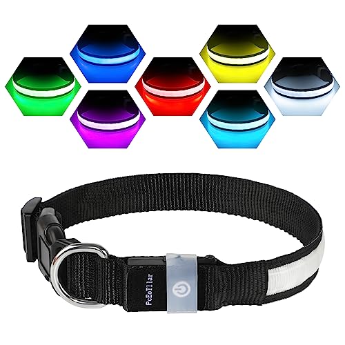 Collar Luminoso Perro USB Recargable Collar Luz Perro LED Luminoso de Perro Pequeño Mediano Grande 7 Colores Impermeable 2 Modos de Iluminación Collar LED Perro de Mascota, Negro-M