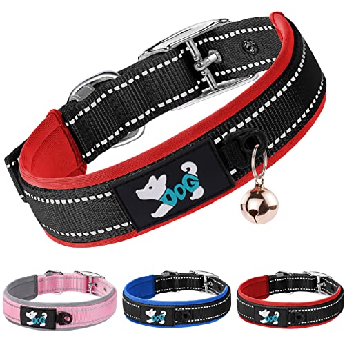 AUAUY Collar Perro, Ajustable Collar Nylon Reflectante para Mascotas, Neopreno Ultrasuave Acolchado con Hebilla de Metal Anillo en D Y Anillo de Etiqueta para Perros Pequeños, Medianos, Grandes Rojo-L