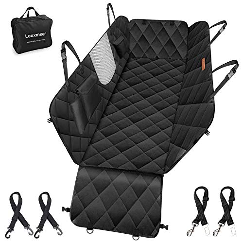 Looxmeer Funda Asiento Coche Perros, Protector Asiento Coche Perro con Malla, Alfombrilla Coche Perro con Cinturón de Seguridad, Cubierta Coche Mascotas Impermeable, Negro