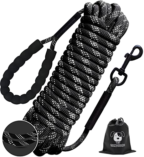 CANDYDOG Correa Larga Perro 10m, Durabilidad Nylon Correa Adiestramiento Asa Perros Reflectante con Mango Acolchado Suave para Perros Grande, Medianos y Pequeño (Negro)