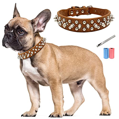 Collar de Cuero para Perro, Elegantes Individualidad Collar de Perro con Pinchos Tachuelas Anti-mordida, Ajustable Ajuste para Perros Medianos y Pequeños, Perforadora de Cuero Gratis y Bolsa de Basura