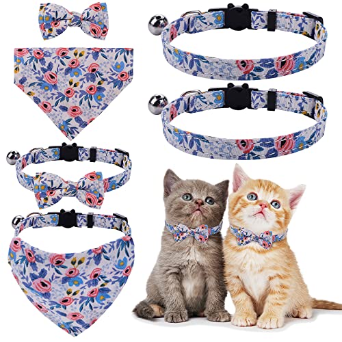 Molain 2 Piezas/Juegos de Collares para Gatos con Campanas, Pajarita extraíble Bandana 2 Collares para Mascotas 1 Bandana para Perro 1 Lazo Collar para Gatito Bandana para Gato Pajarita para Perro