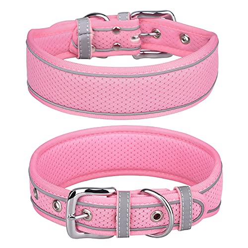 Collar de perro de malla ajustable para perros Collar reflectante transpirable Collar de perro acolchado suave para perros medianos grandes, collar de perro de 5 cm de ancho (rosa, L)