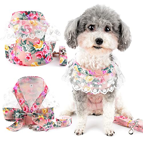 Zunea Antitirones Arnés y Correa para Perros Pequeños Estampado de Flores Cachorros Niñas Chaleco Arnés Vestido de Malla Suave Transpirable con Lazo Cuello de Encaje Mascotas Chihuahuas Ropa Rosa S