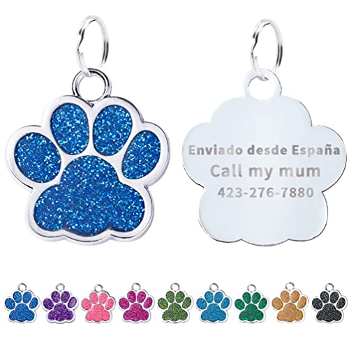 Petaccom Chapa Perro Grabada, Placas para Perros, Chapas Personalizadas para Collar Perro Gato Mascota Grabada Brillantitos Aleación de Zinc, Pata Plata,Azul