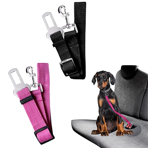 Cinturón de Seguridad de Coche para Perros, Gatos o Cualquier Mascota. Correa de Seguridad Ajustable para Asiento de Coche para Mascotas con Anclaje Seguro para tu Perro o Gato. 2 ud (Negro-Rosa).