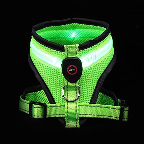 minkissy Chaleco de Perro con Luz Arnés de Perro LED USB Recargable Verde Luminoso Arnés de Perro Cuello de Cuello Mascotas de Noche Accesorio para Caminar para Pequeños Perros Grandes