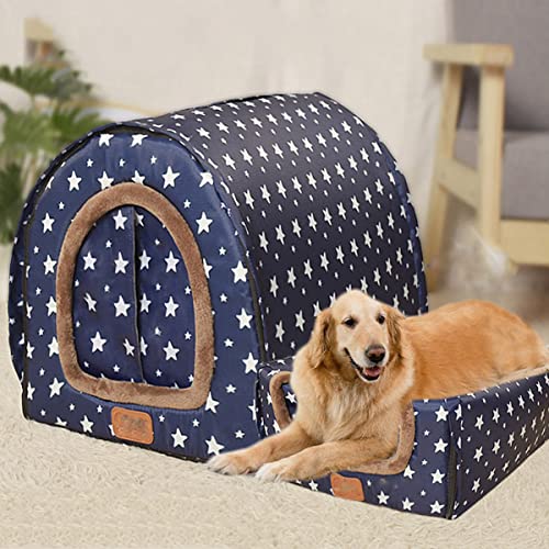 Casa de cama extragrande para perro, caseta calmante para perros con cortina, plegable, 2 en 1, cojín cálido para mascotas, lavable (S-35 x 32 x 28 cm, patrón A)