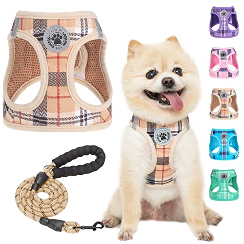 BEAUTYZOO Juego de arnés y correa para perros pequeños, arnés reflectante de malla suave para perros y gatos extra pequeños/pequeños y medianos, beige, XXS