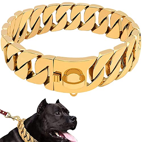 Collar de Cadena de Perro de Metal Resistente, Collares de Perro Dorados de Acero Inoxidable Fuerte con Cierre de Hebilla de Seguridad, Acero Inoxidable Fuerte,Oro,55cm/22in