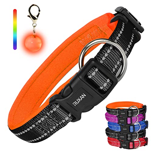 RUXAN Collar reflectante para perro con acolchado y ajustable de nailon básico para mascotas con hebilla de liberación rápida, 1 collar de luz LED gratis para perros pequeños, medianos y grandes