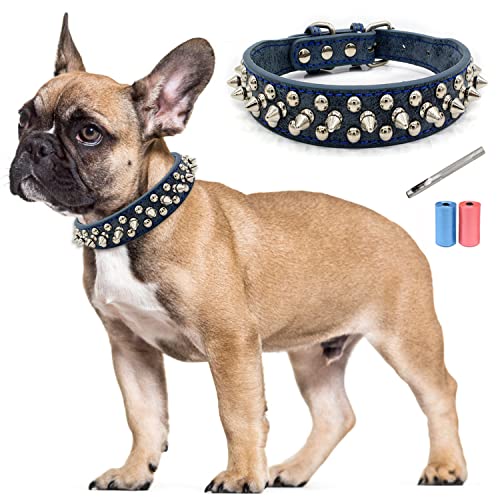 Collar de Cuero para Perro, Elegantes Individualidad Collar de Perro con Pinchos Tachuelas Anti-mordida, Ajustable Ajuste para Perros Medianos y Pequeños, Perforadora de Cuero Gratis y Bolsa de Basura