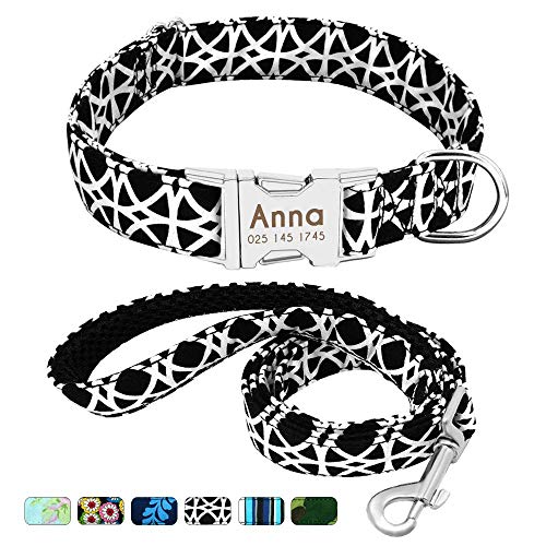 Beirui Collar Perro Personalizado con Hebilla de liberación rápida – Collares para Perros Personalizados con Patrones Florales – Black White Grid Collar y Correa Perro - S(10-15.5