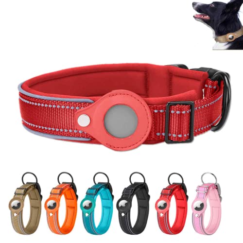 Airtag Collar de Perro, Collar Perro Acolchado para AirTag, Collar Perro para Airtag, Collar Reflectante para La Mayoría De Los Perros - Apple Airtag Integrado (Rojo)