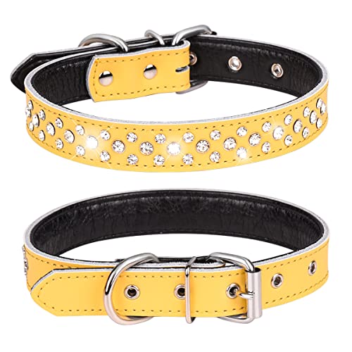 Haoyueer Collar de perro con diamantes de imitación, ajustable con cristales brillantes de cuero genuino tachonado para perros pequeños y medianos (S, amarillo)