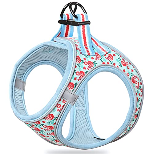 HEELE Arnes Perro Arnes Chaleco Perros Vest Air Mesh Arnés para Perro Arnes Perro con Bonito Estampado Arnés para Perro Pequeño Malla Transpirable Suave Cómodo Reflectante, Floral Cian, S