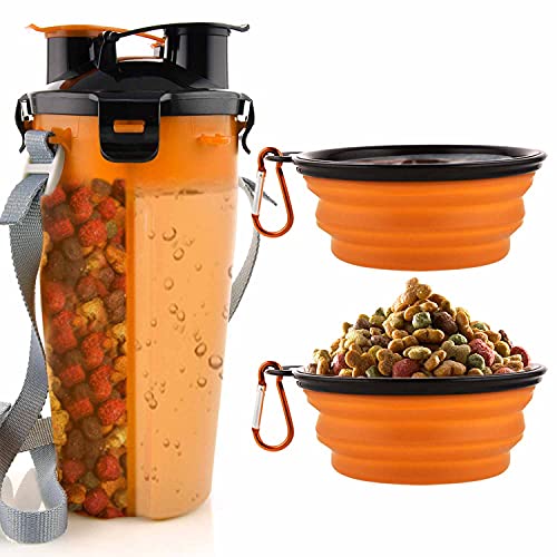 MATT SAGA Botella de Agua para Perros Portatil Envase de Comida para Perros con 2 Plegable Tazones para Perros Gatos Mascotas Adecuado para al Aire Libre Caminar Viajar (Naranja)