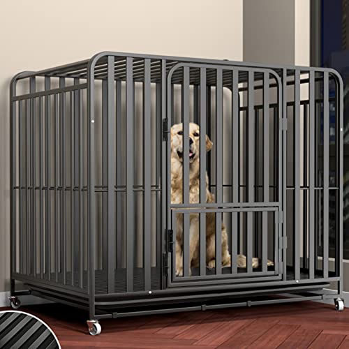 Jaula Perro Grande Fuerte, Jaulas para Perros Grandes Exterior Jaula para Perros Casa Caseta Perro Interior con Ruedas,2 Puertas con Cerradura y Bandeja Extraible 125*95*110cm 94*63*80cm blackC