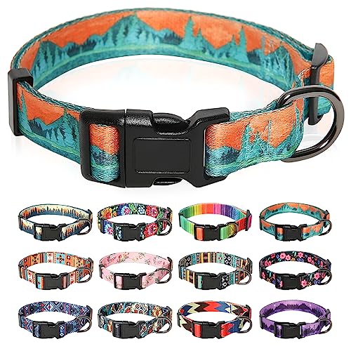 HEELE Collar Perro, Collar para Perros con Hebilla de Liberación Rápida, Cómodos, Ajustable, Lindos Patrones, Suave Collar para Perro Pequeño Mediano Grande, Montaña Verde, S