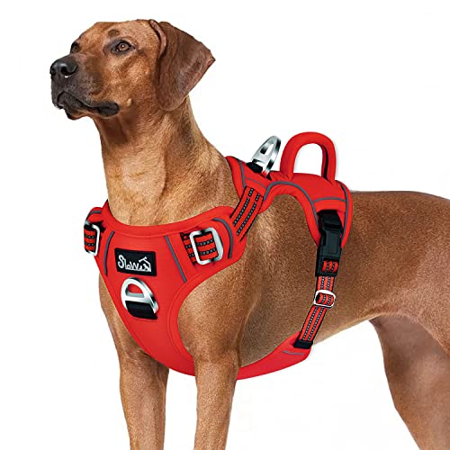 Eyein Arnés de Perros Grande Mediano Pequeño, Ajustable Anti Tirones Arnés Táctico de Entrenamiento para Perro, Reflectante Resistente Transpirable Cómodo Arnés Perro Pecho Fácil Control (L, Rojo)