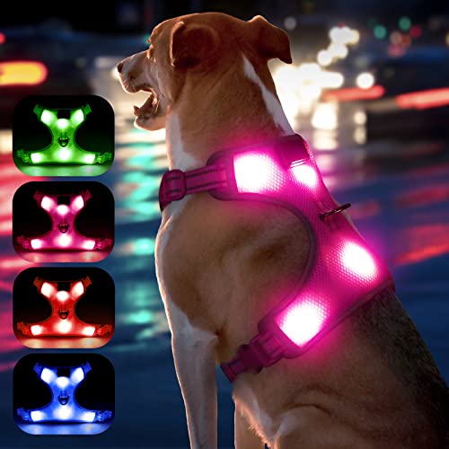 YFbrite Arnés de perro con luz LED recargable por USB, arnés reflectante para perros, luces de perro para arnés, Hanress para perro transpirable intermitente (rosa, grande)