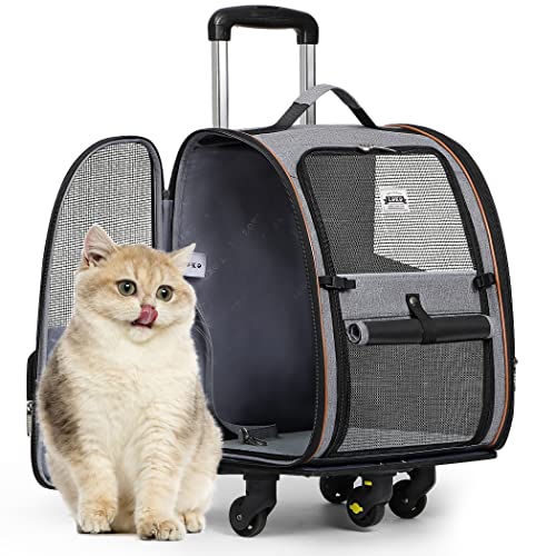 Lekespring Transportin Gato con Ruedas y Varilla Telescópica | Mochila Perro Transpirable y Impermeable - Transportin Perro con Arnés Interno - Mochila Gato Carga Máxima 8kg - Maleta Trolley Gris