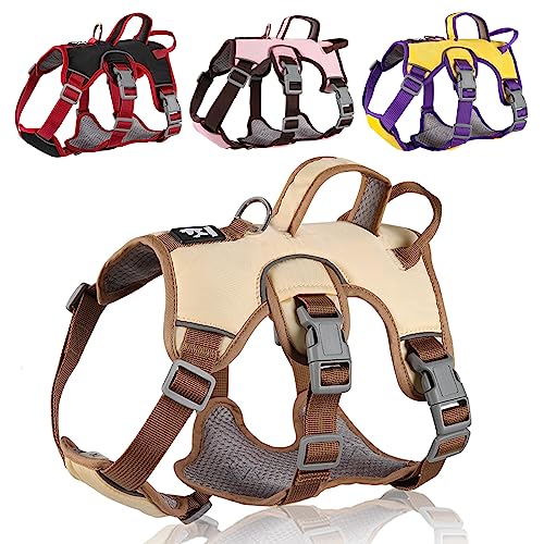 LiebeDD Arnés para perros de talla pequeña, transpirable, ajustable, cómodo, antitirones para perros con 2 asas arnés antifugas para perros para correr y caminar, beige, M