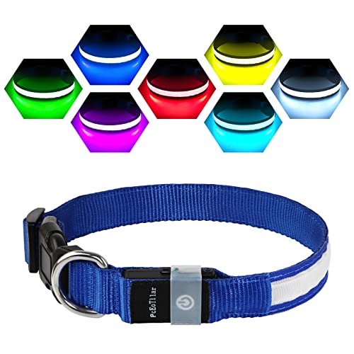 Collar Luminoso Perro USB Recargable Collar Luz Perro LED Luminoso de Perro Pequeño Mediano Grande 7 Colores Impermeable 2 Modos de Iluminación Collar LED Perro de Mascota, Azul-M