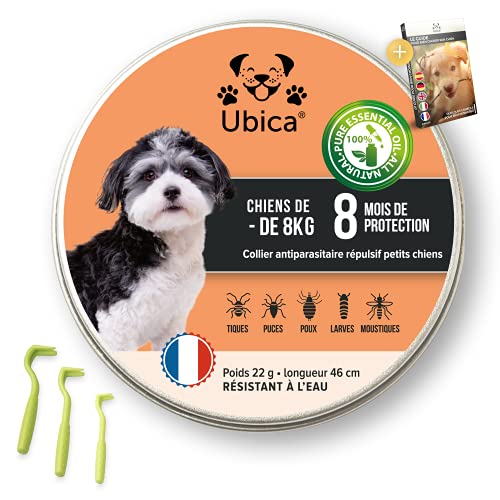 Ubica® Collar antipulgas Perros Collar antiparasitario Perros Pequeño (-8kg) – Fórmula de Aceites Esenciales de Menta 100% Resistente AL Agua – 3 Pinzas para Garrapatas y un E-Book Gratis