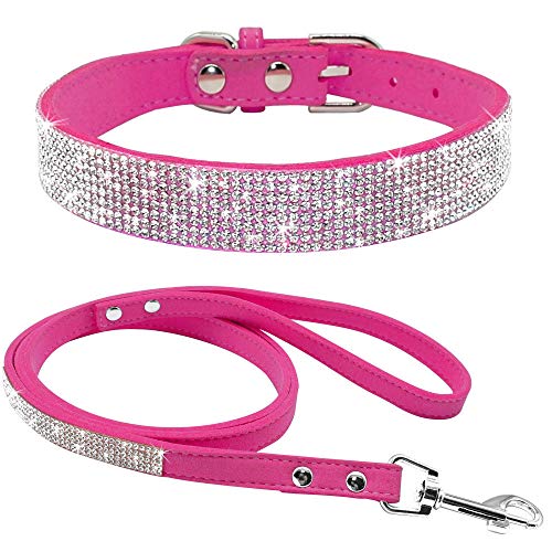 haoyueer Lindo Deslumbrante y Elegante Elegante de Gamuza Suave de Cuero con Diamantes de Imitaci de Cristal Jeweled Pet Cat Dog Dog Collar de Perro Correa Combo Set