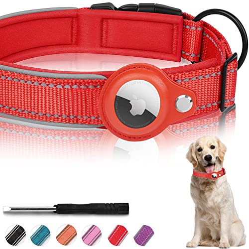 MouYou Airtag - Collar para perro acolchado de nailon, ajustable, reflectante, para Apple AirTag Integración para perros grandes, medianos y pequeños (talla, M, rojo)