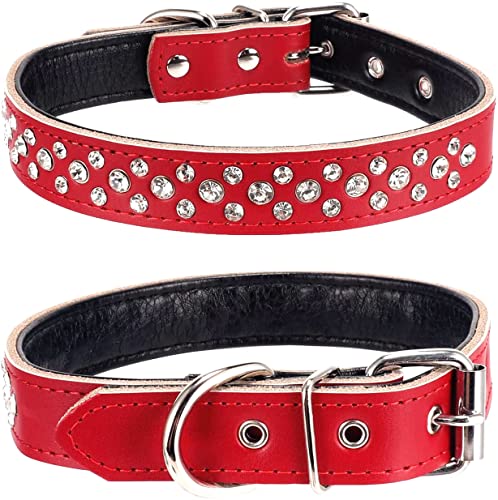 Haoyueer Collar de perro con diamantes de imitación, collar de piel auténtica con tachuelas de cristal brillante ajustable para perros pequeños y medianos (M, rojo)