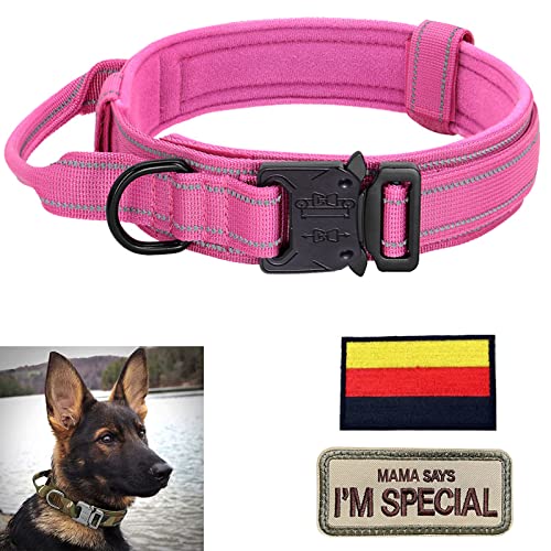 Collar de Perro Ajustable con Asa de Control, Nylon Táctico, Acolchado, Hebilla de Metal, Medianos, Entrenamiento de Caza, Al Aire Libre, K9 Rosa M