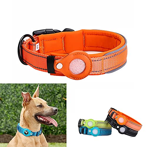 TAOCHEN Soporte para Collar de Perro con Funda Airtags [Buscador de Mascotas], Collar para Mascotas Acolchado de Nailon Ajustable, Reflectante, Suave y Transpirable (Naranja, M)