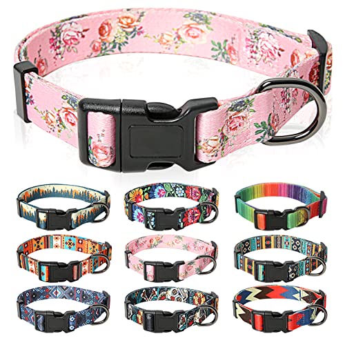 HEELE Collar Perro, Collar para Perros con Hebilla de Liberación Rápida, Cómodos, Ajustable, Lindos Patrones, Floral Collar para Perro Pequeño Mediano Grande, Rosa, S