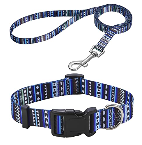 Mihqy Juego de collar y correa para perro con patrones geométricos tribales bohemios, collar de estilo étnico suave ajustable para perros pequeños, medianos y grandes (juego azul bohemio, XS)