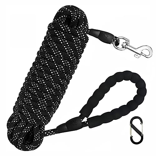 Wodondog Correa Adiestramiento Perro, 5m/ 10m/ 20m/ 30m Correas Perro Larga, Cuerda para Perros con Asa Acolchada para Perros Pequeños Medianos y Grandes - Negro