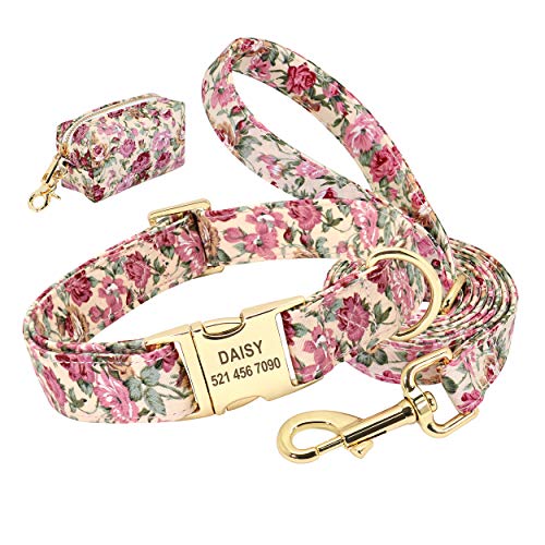 Beirui Juego de collar y correa para perro personalizados, con bonita bolsa, diseño floral, grabado láser, ideal para viajes, caminar y acampar (beige, S)